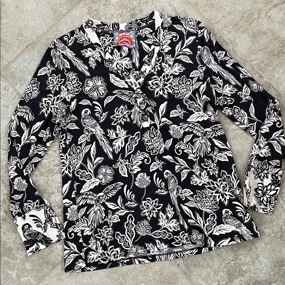 Johnny Was Noah Henley Black and White Floral Long Sleeve Top